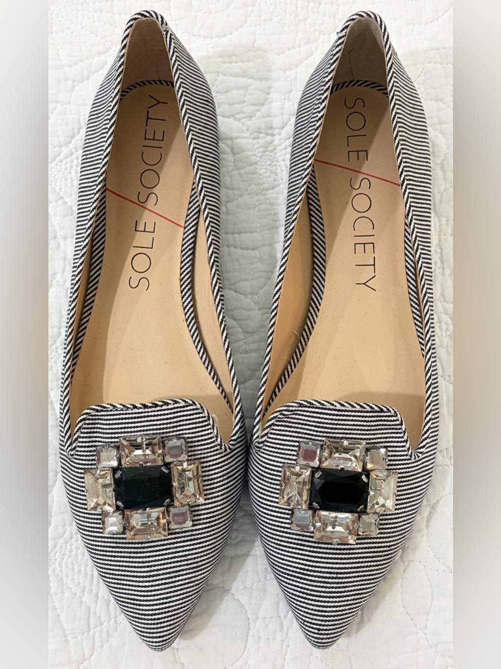 NWOT SZ 9 1/2 Sole Society Black & White Striped Jewel-Accent Flats